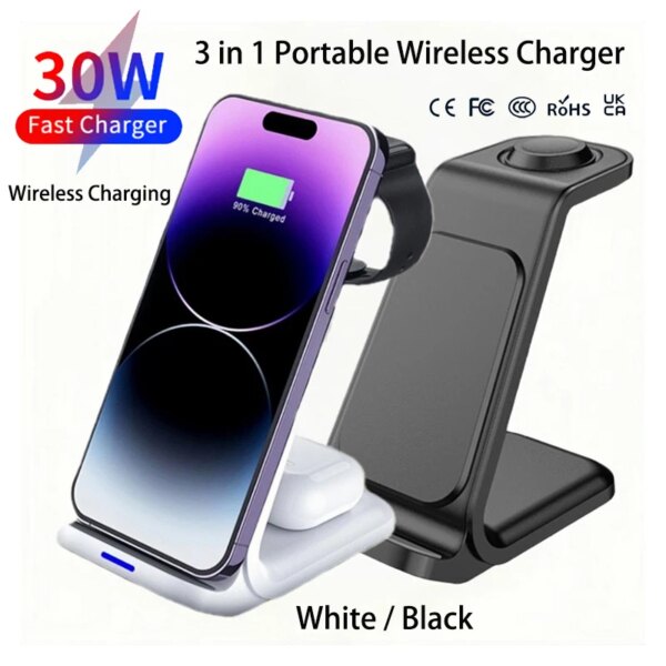 Desktop Universal Wireless Charger 2025 Innovative Products 3 in 1 Wireless Charger 30W Fast Charger for iPhone